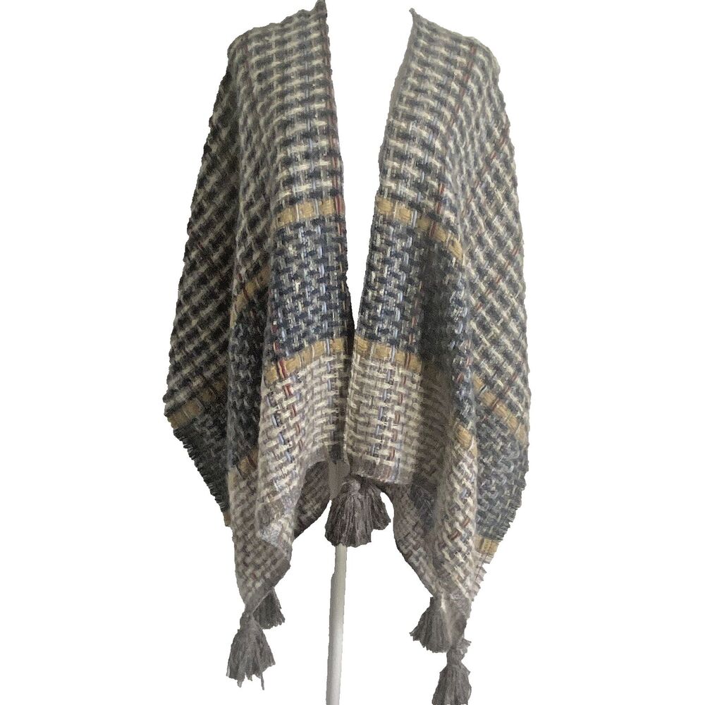 Demdaco Shawl Wrap Poncho Boho Textured One Size Blue & Gray NEW